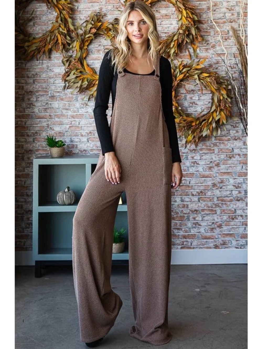 7th Ray Ribbed Wide-Leg Jumpsuit in Taupe